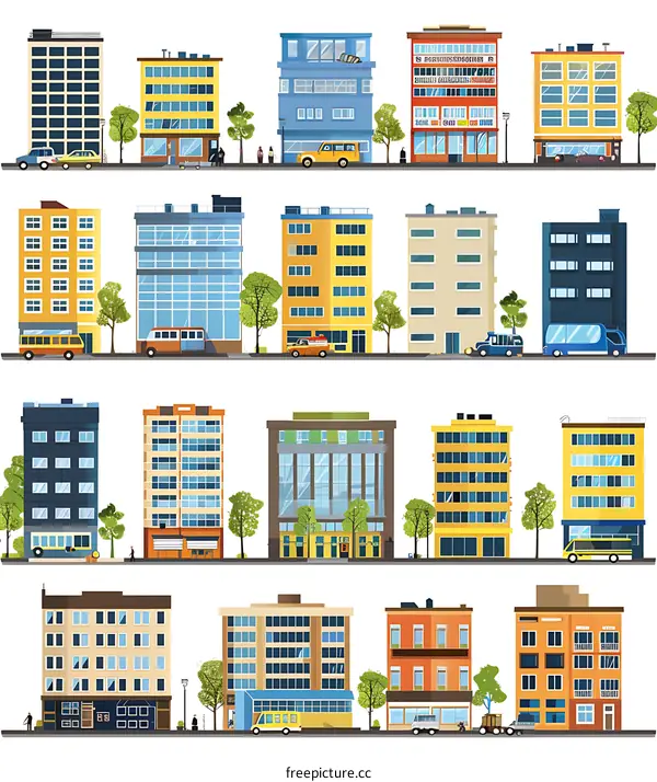 Collection of Different Facade Buildings with Cars and Trees