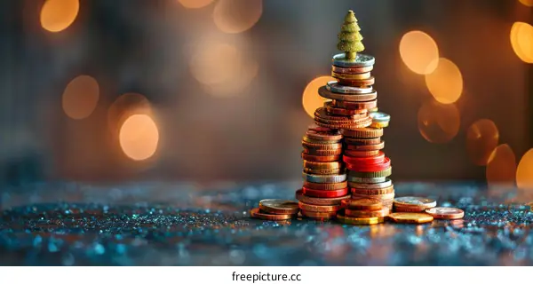 A stack of coins with a Christmas tree on top