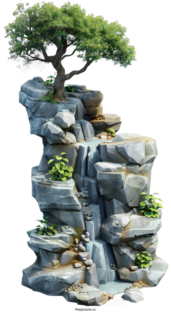 [Transparent Background PNG]Cartoon style rock mountain with waterfall and plants
