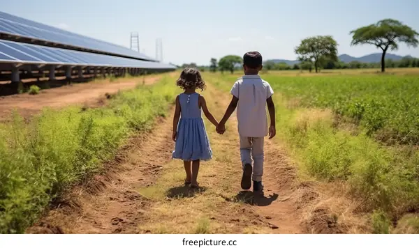 Two children holding hands walk through a solar farm