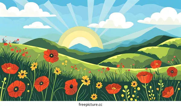 Sunrise Over Hills With Red Poppies