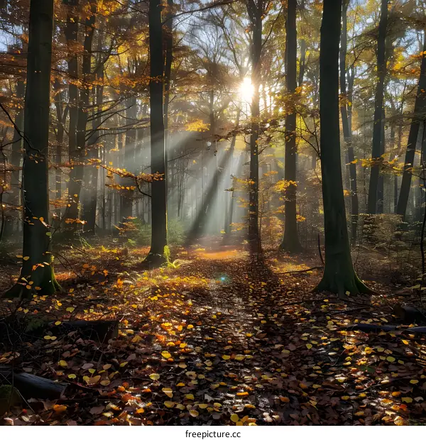 The sun shines through the trees in the forest
