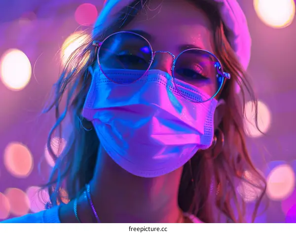 Close-up portrait of a young woman wearing a medical mask with a colorful blurred background