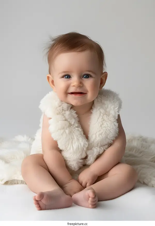 Adorable Baby Girl Sitting on a White Blanket