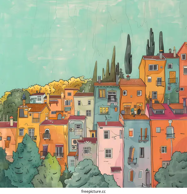 Watercolor Illustration of Colorful European Town Houses