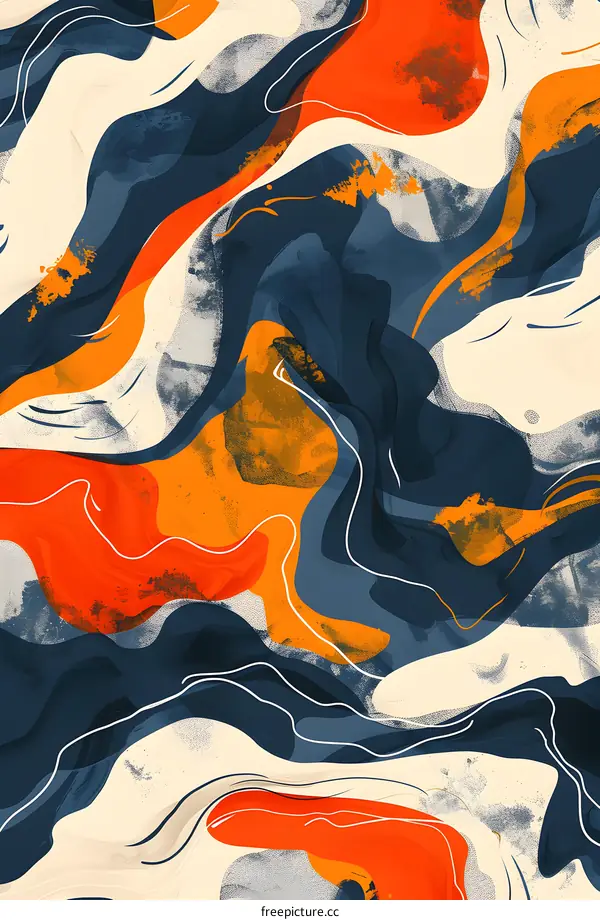 Abstract painting with blue, orange and white colors