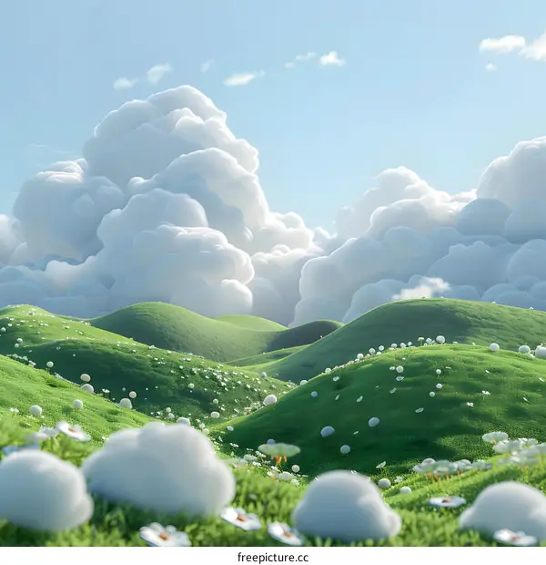 Green rolling hills with white clouds and flowers