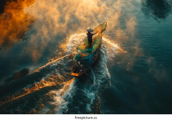 Vietnamese fishermen in a boat on a river at sunrise