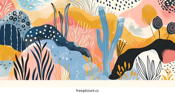 Abstract Landscape with Cactus and Plants in Bright Colors