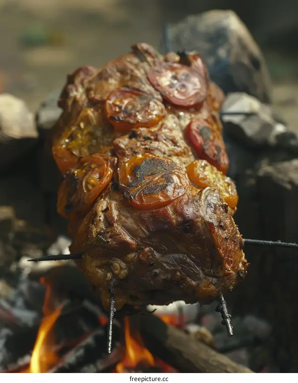 spit roasting a leg of lamb over an open fire