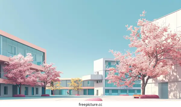 A beautiful pink cherry blossom tree in front of a modern building