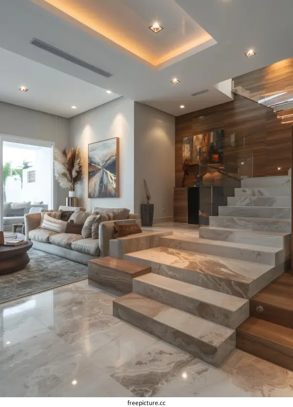 Modern minimalist living room interior design marble stairs and wood