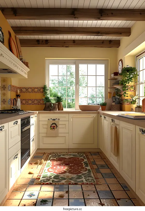 Empty kitchen with wooden beams and tiled floor