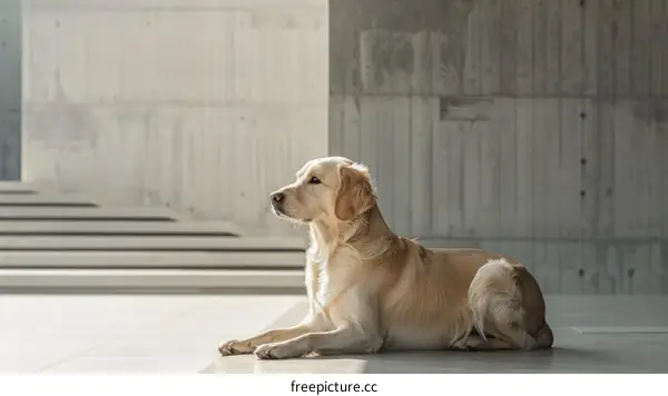 Golden Retriever Dog Lying on Concrete Floor in Modern House