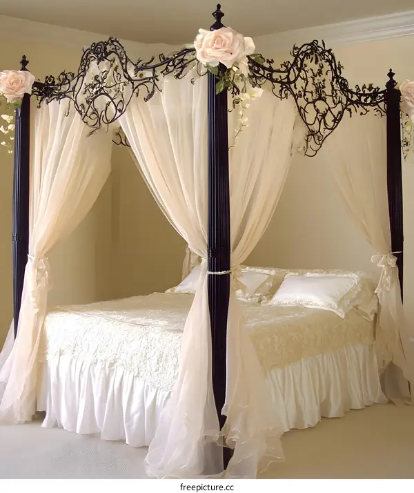 Elegant Canopy Bed with Ornate Iron Frame and Sheer Curtains
