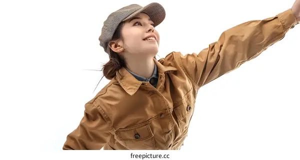 A young woman wearing a brown cap and brown jacket is looking up with her arms outstretched.