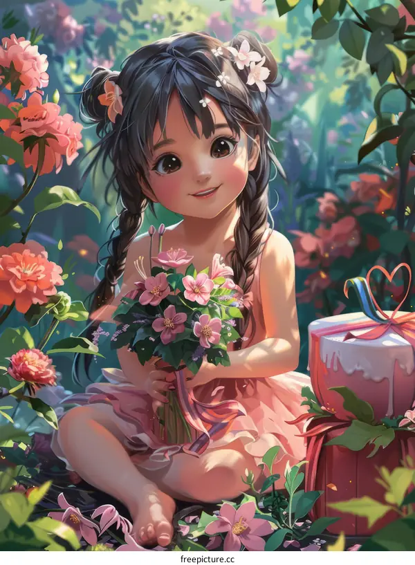 An illustration of a girl sitting in a garden of flowers