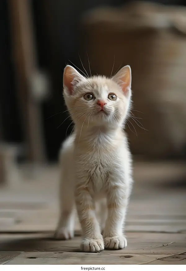 A cute ginger kitten standing on a wooden floor looking up