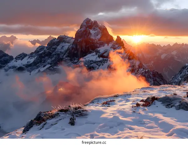 Sunrise over Snowy Mountain Peaks with Fog