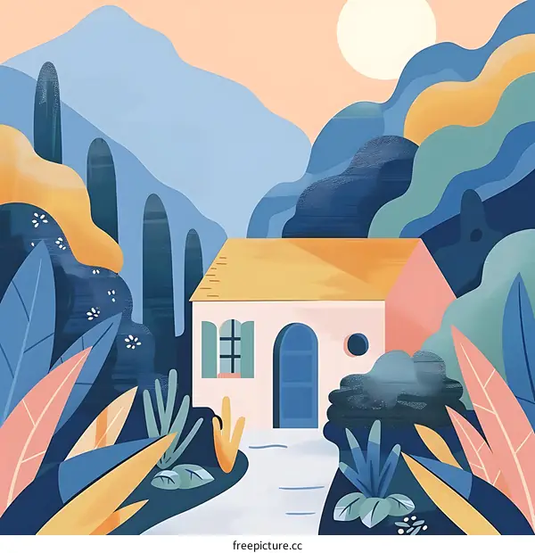 Cute Cartoon House in the Mountains Landscape Illustration