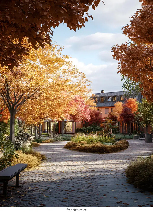 Autumn Foliage Pathway with Brick Building in Background