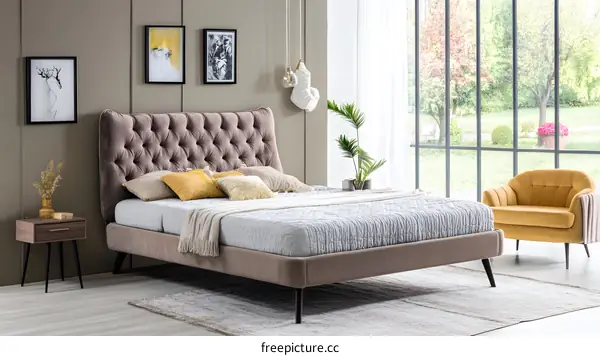 Brown Velvet Bed with Tufted Headboard and Black Legs