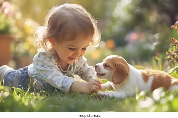 Little Girl Playing With Puppy In Garden