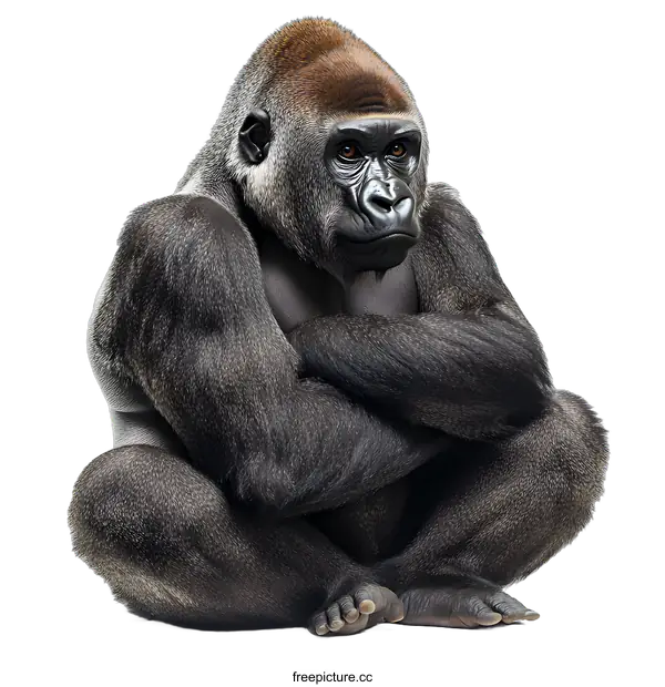 [Transparent Background PNG]Close Up of Gorilla Sitting with Crossed Arms on White Background