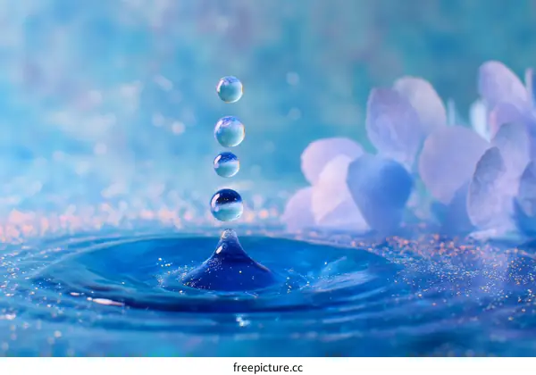 Water Drop with Flower Petals and Ripples in Soft Blue Tone