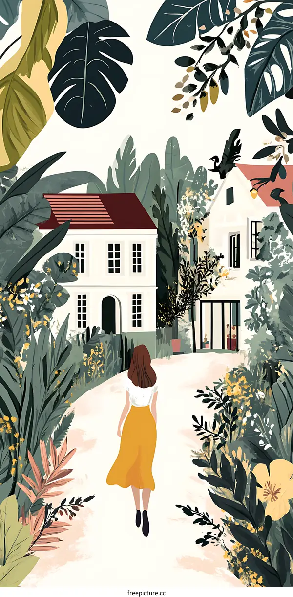 Woman Walking Through a Garden with Houses
