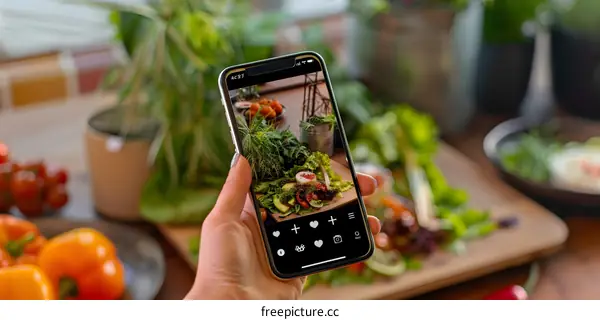 Closeup of a Person Holding a Smartphone Taking a Picture of Fresh Green Vegetables