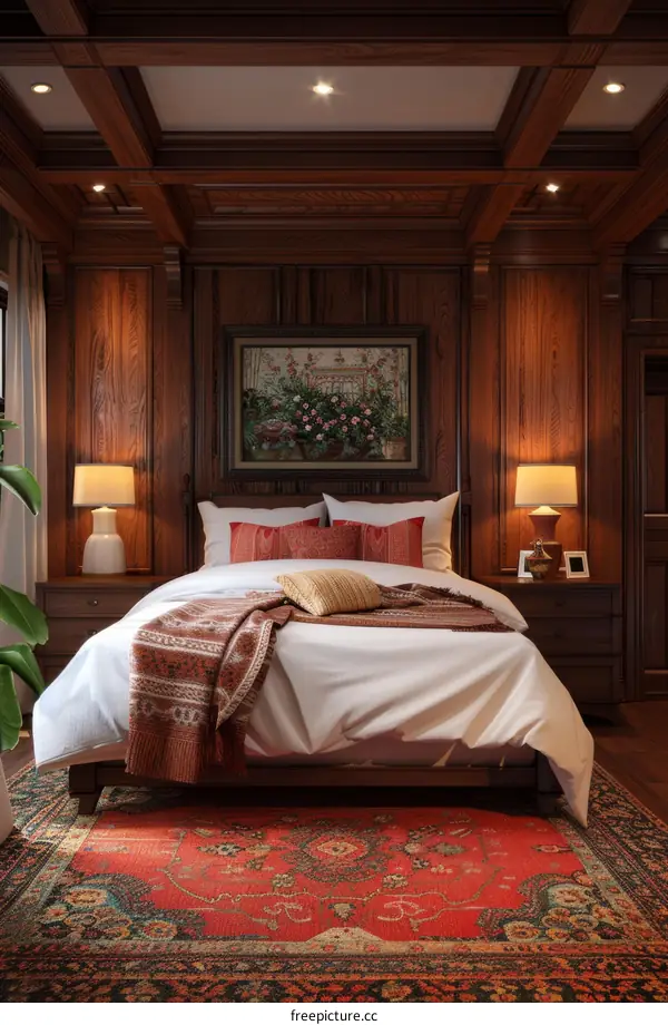 Luxury Wooden Bedroom with Vintage Rug