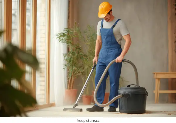 Male Caucasian worker cleaning floor with vacuum cleaner