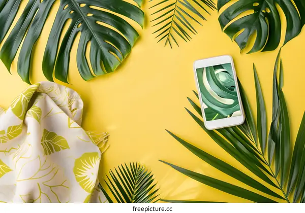 Tropical Leaves and Smartphone on Yellow Background