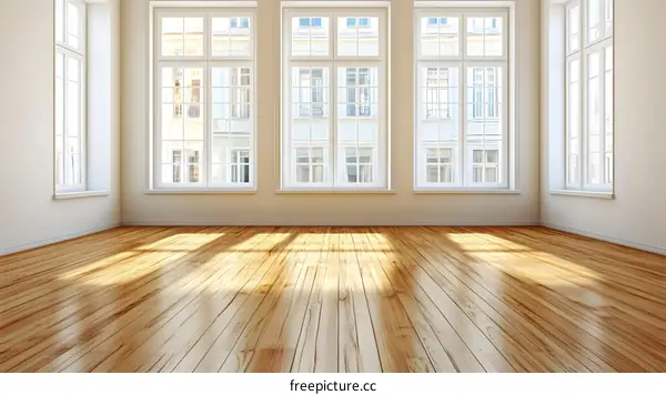 Empty Room with Four Windows and Wooden Floor