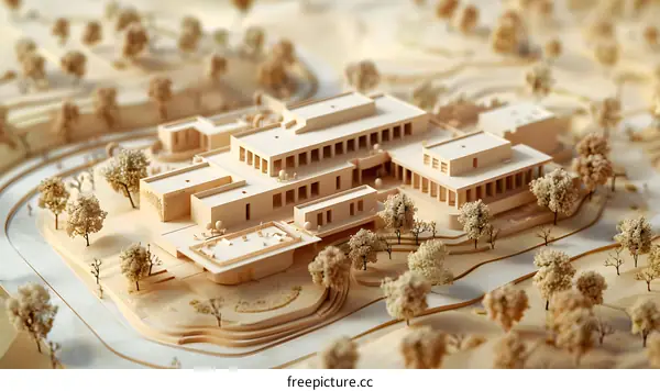 Architectural Model of Modern Wooden Building with Trees