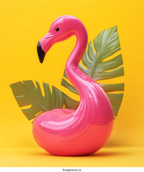 Pink Flamingo With Green Leaves On Yellow Background