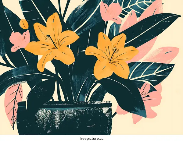 Floral Illustration With Green Leaves And Yellow Flowers