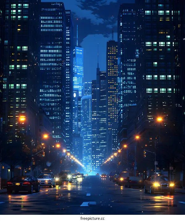 A long city street with skyscrapers on both sides and cars driving down the street.