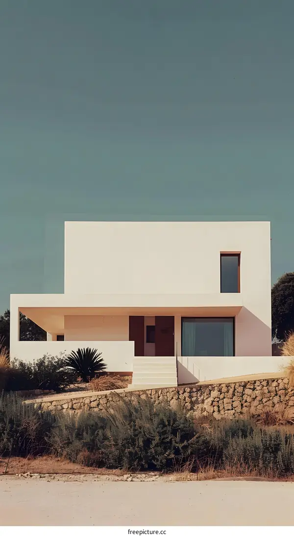 Modern Minimalist House with White Facade and Stone Wall