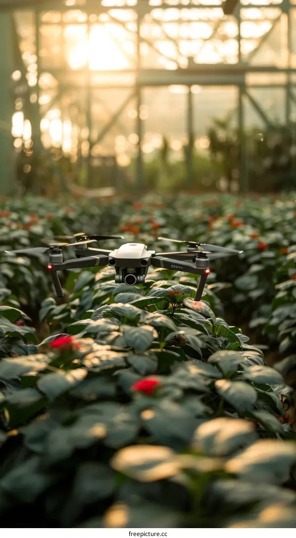 A drone is flying over a field of flowers