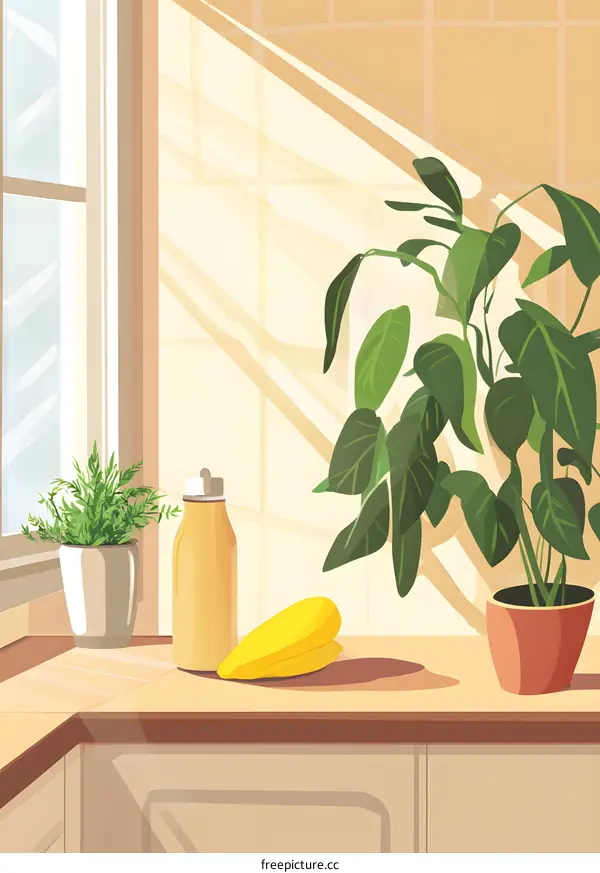 Sunny Kitchen Windowsill with Plants and Bottle