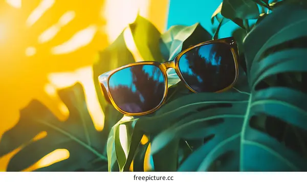 Sunglasses on Tropical Leaves with Sunlit Background