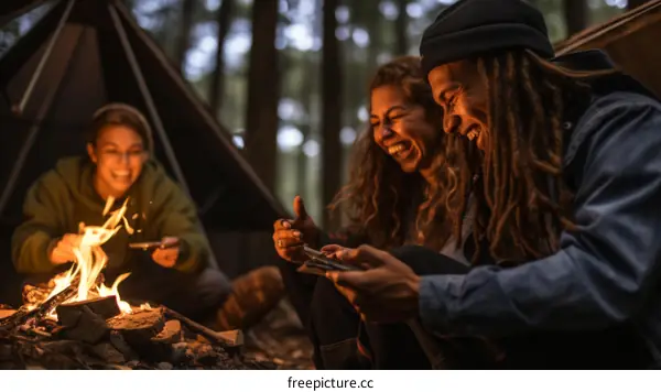 Three friends camping in the woods at night