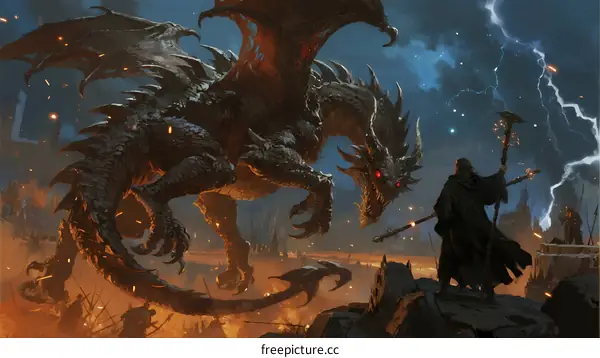 Epic Battle Scene with Dark Dragon and Wizard in Stormy Night