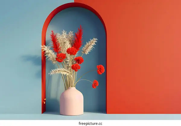 Red and White Flowers in Vase Against Blue and Orange Wall