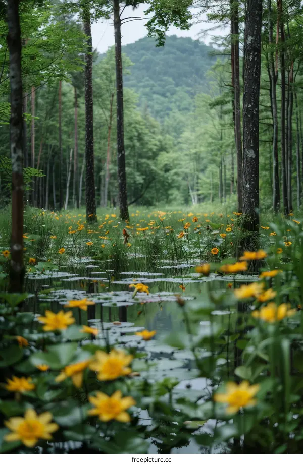 Yellow flowers and green leaves in the forest
