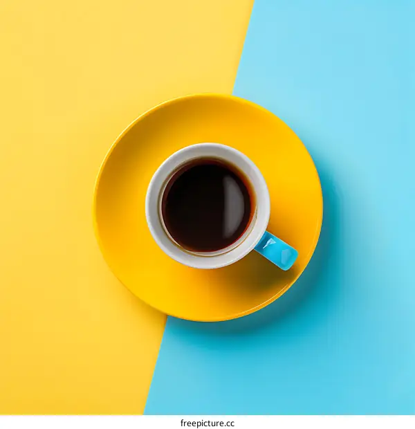 Top View of a Cup of Coffee on Yellow and Blue Background