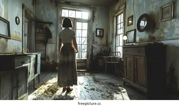 A woman standing in a ruined room