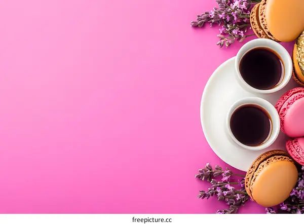 Pink Background With Coffee and Macarons